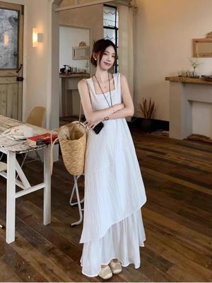 Korean Style Irregular Spaghetti Strap Summer Dress - Women's Loose Slimming Long Design for 2026