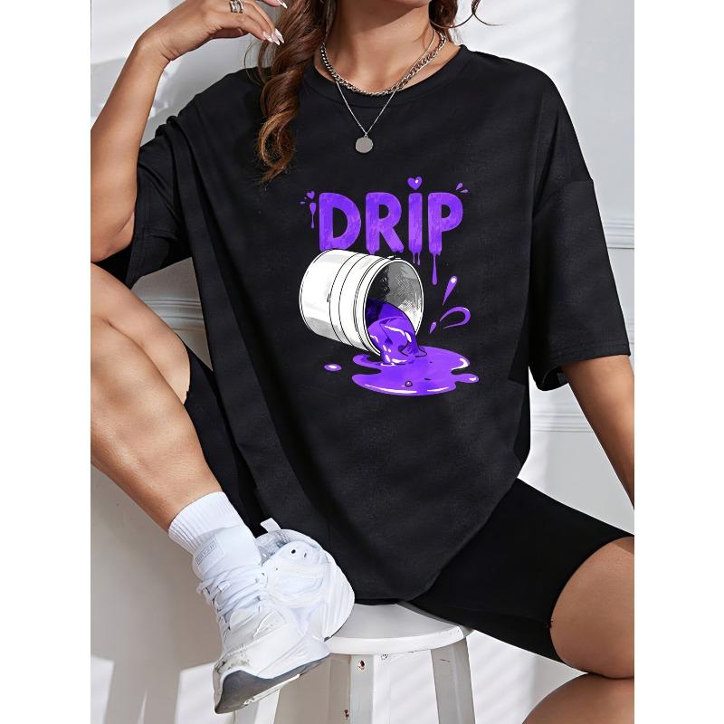 White T-Shirt With Purple Drip Paint Bucket Graphic And Text For Casual Wear