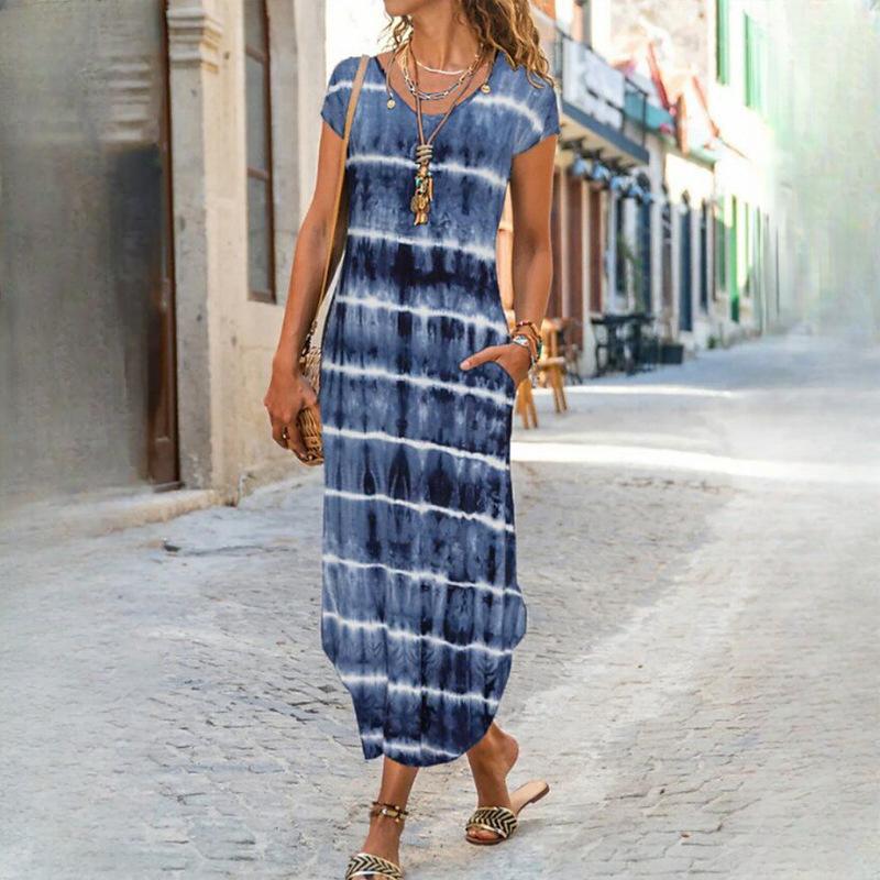 IHUASU Women's O Neck Plug Pocket Short Sleeve Trendy Printed Dresses