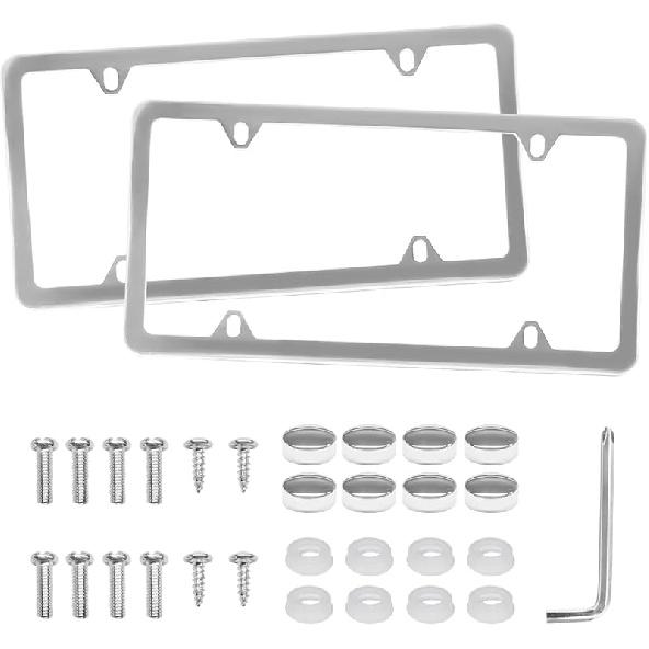 2 PCS Car License Plate Frames, 4 Holes Stainless Steel Auto Tag Holder with Screws Washers Caps, Rustproof Universal Front Rear License Plate Cover