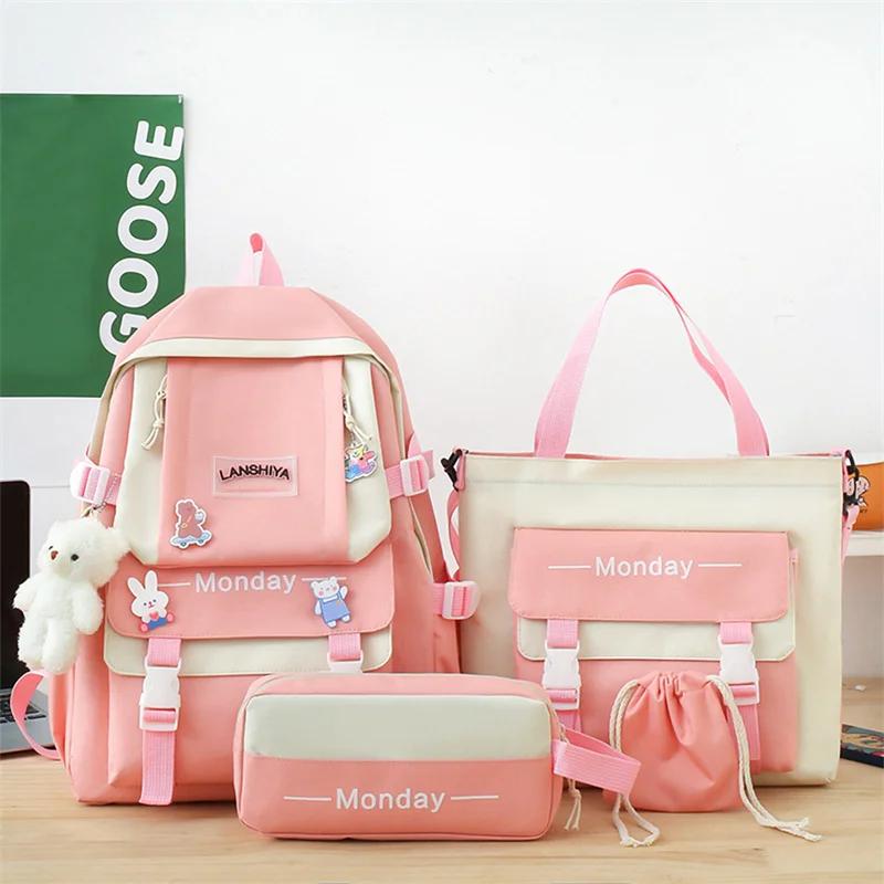 5pcs Sets Children's School Backpack Kawaii Women's Bagpack Bookbag Laptop Bag for Teens Girls  Students Totes Sac