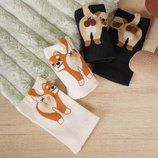 Women's Cute Dog Socks with 3D Fuzzy Balls Funny Novelty Animal Print Crew Cotton Socks for Women Girls Dog Lovers