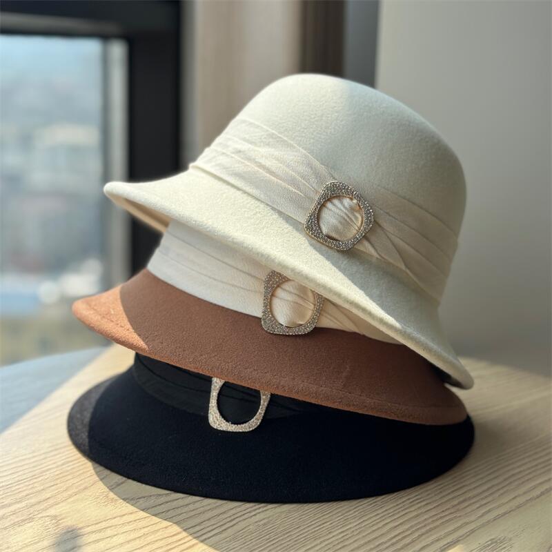 French retro top hat Hepburn style casual versatile elegant woolen bucket hat fashion celebrity bucket hat trend
