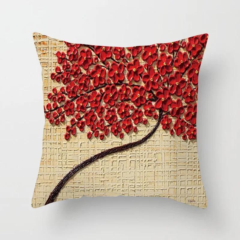 2D Flat Printed Peach Skin Pillow Cover Oil Painting Floral Tree Cushion Case Decorative Throw Pillowcase For Sofa Living Room