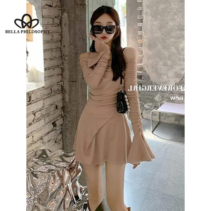 

Сексуальная однотонная элегантная юбка в корейском стиле, женское весенне-осеннее новое платье с расклешенными рукавами на талии и плечами, утягивающее плечо XXL