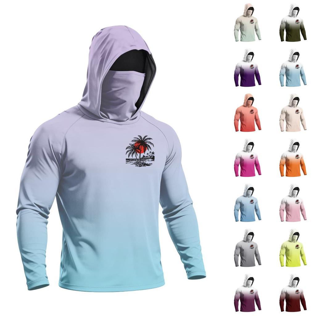 Men’s Long Sleeve Hooded Sun T Shirt with Tree Print Lightweight 50 Plus Quick Dry Athletic Top for Outdoor Sports