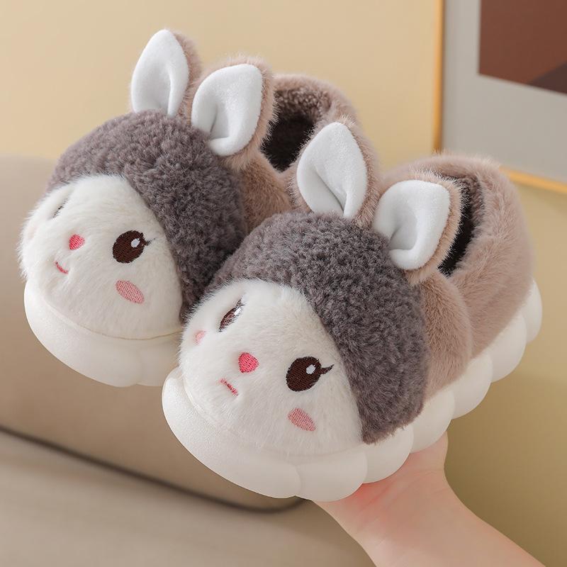 Children's cotton slippers winter velvet thickened warm soft sole non-slip home cartoon cute boy and girl baby parent-child shoes