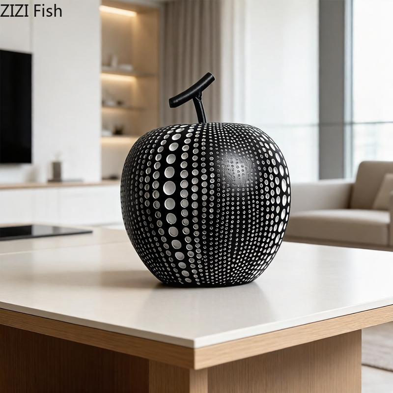 Weiß Schwarz Apfel Birne Harz Skulptur Polka Dot Kunst Früchte Ornamente Abstraktes Kunstwerk Moderne Heimdeko Zubehör