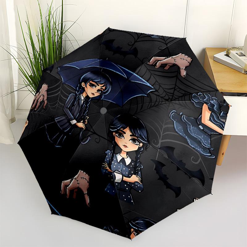 1pc Wednesday Addams Gothic Horror Automatic Folding Umbrella, Durable Plastic & Iron, Lightweight for Outdoor Daily Use  015