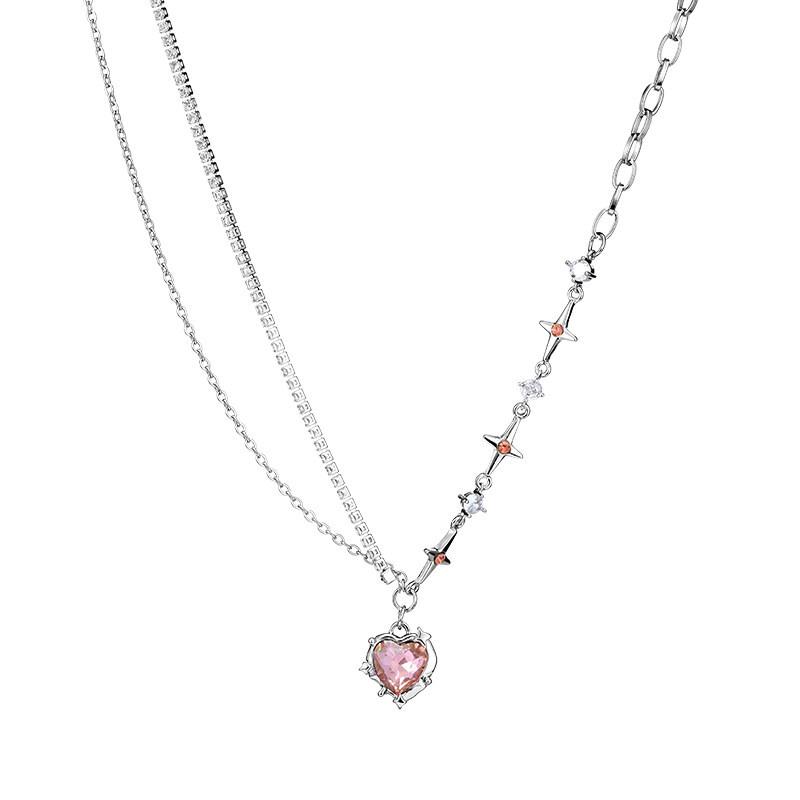 Women's Pink Heart Four-Pointed Star Necklace - Niche Design, Clavicle Chain, Sweet & Cool Pendant Accessory