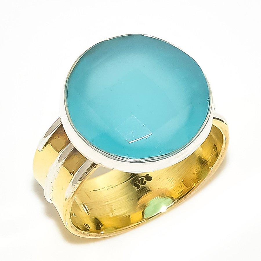 

Подарочное кольцо из двухцветного чистого серебра 925 пробы с натуральным аквамариновым халцедоном S.9.5 L0w56