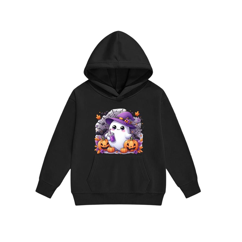 Kids Halloween Hoodie Pullover Sweatshirt with Ghost Pumpkin Print Long Sleeve Casual Top for Boys Girls