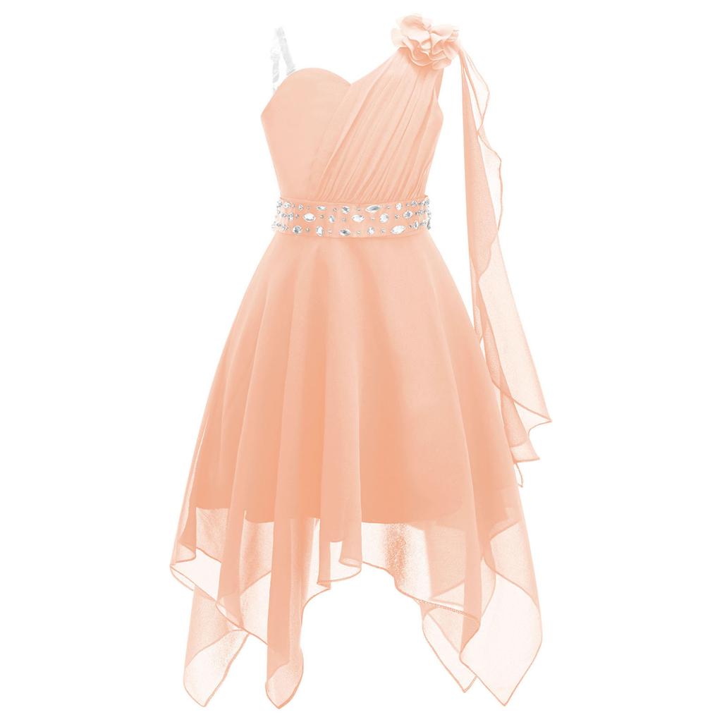 Rochie de petrecere pentru fete șic, cu volană, cu un umăr, fără mâneci, rochie formală din șifon pentru domnișoară de onoare