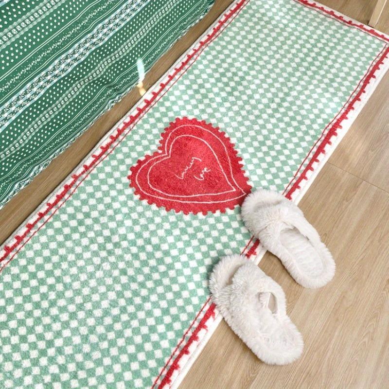 

Green Runner Rug Creative Plaid Love Print Bedroom Fluffy Bedside Carpet Fashion Trend Ins Decorative Coffee Table Mats 60x150cm(23x59inch)