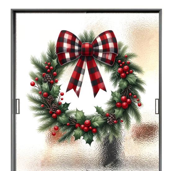 Christmas Wreath Stickers Removable Wall Decals Holiday Pine Cones Bow Wreath Patterns Stickers for Home Window Glass Door Decor
