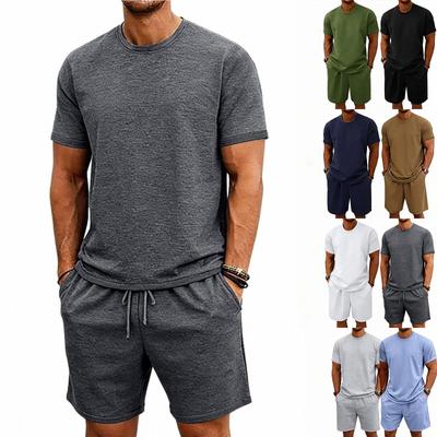 Men's Color Sports Casual Round Neck Short Sleeve Shorts Set