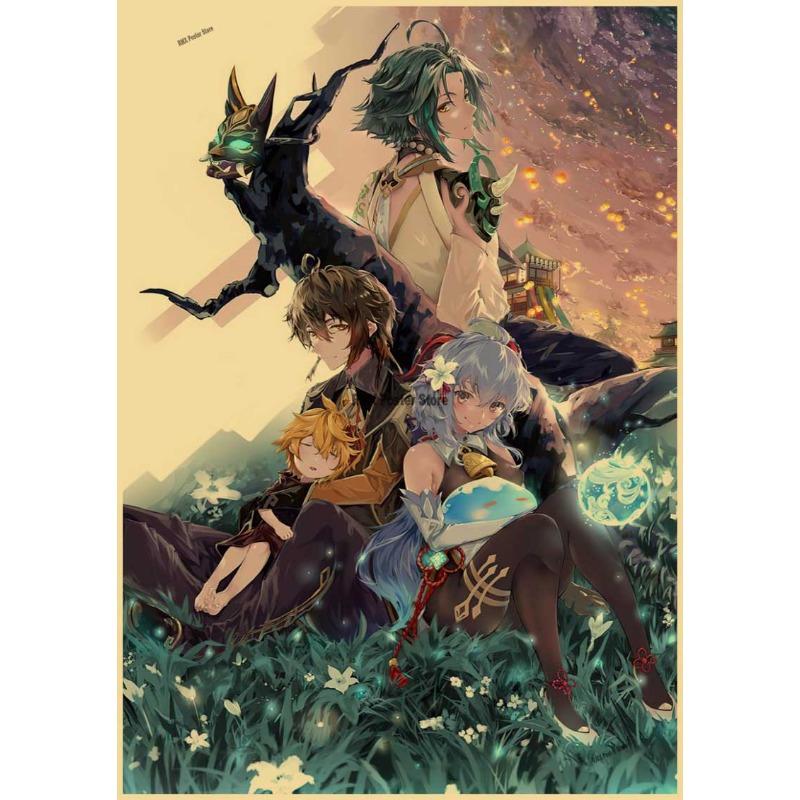 Genshin Impact Cartoon Character Posters Kraft Paper Prints Home Room Decor Study Bedroom Bar Cafe Wall Paintings Wall Stickers