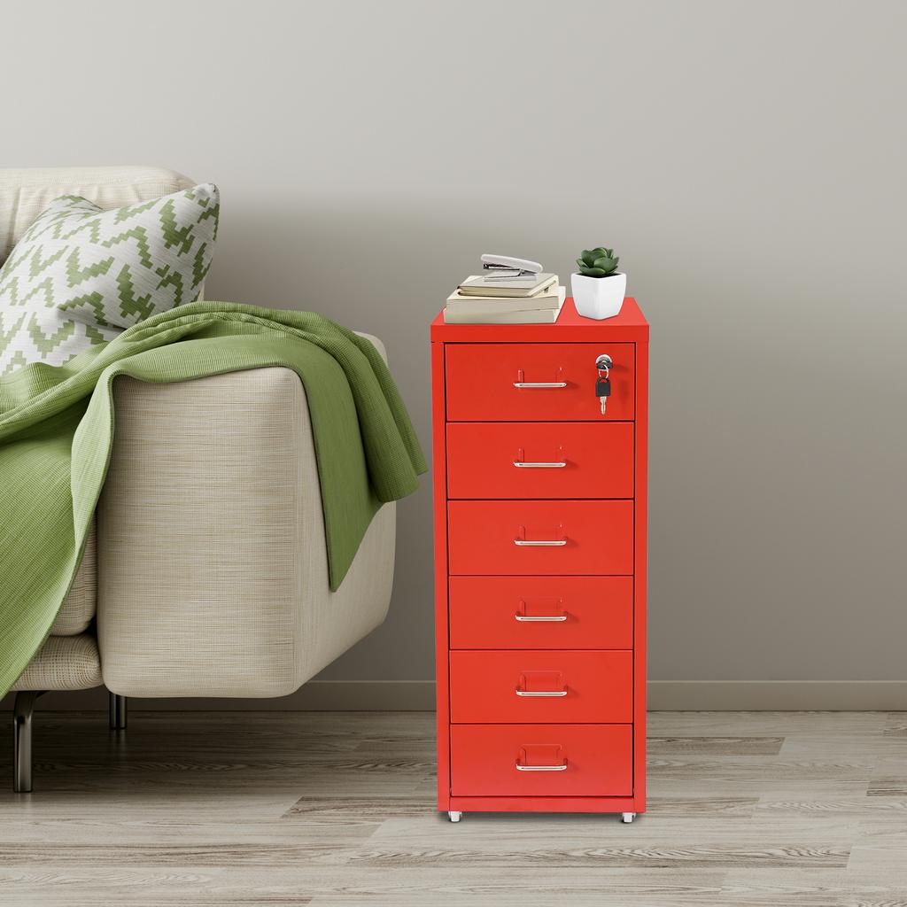 6 Tier Vertical Locking File Cabinet on Wheels, Red Metal Storage, Document Filing with 2 Keys, Multi-Layer Letter Size Cabinet