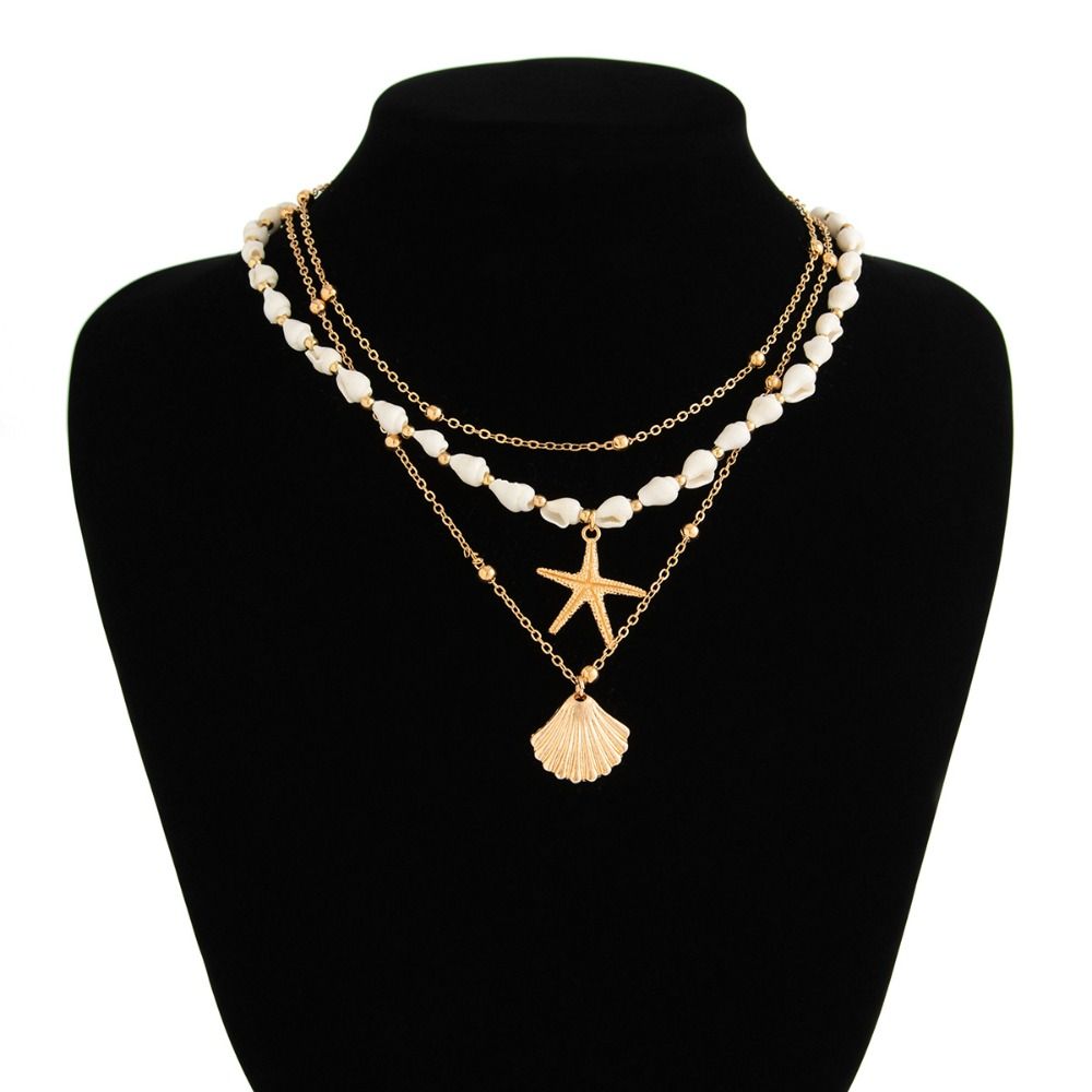 Starfish Shell Multilayer Necklace Mulitlayer Pearl Beaded Necklace Clavicle Chain Women  Beach