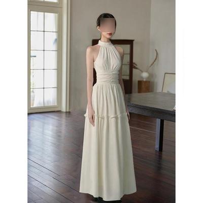 Gentle White Moonlight, Sleeveless Halterneck Dress, Niche Temperament, Waist Cinch, A-line Long Skirt, Women's Summer