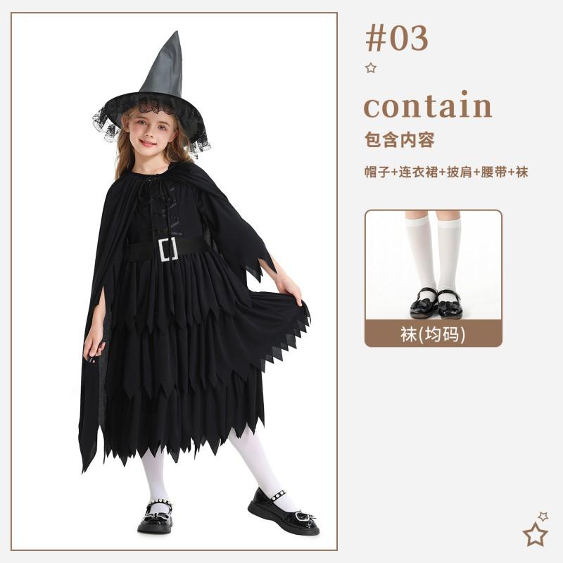 Halloween Witch Costume Girls Dark Gothic Dress With Cape Belt Hat Socks Broom Kids Cosplay Outfit