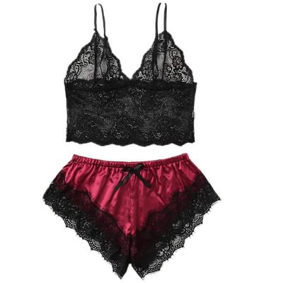 Silky Satin Camisole & Shorts Set - Sheer Lace Trim Sexy Sleepwear Lingerie Pajamas for Women