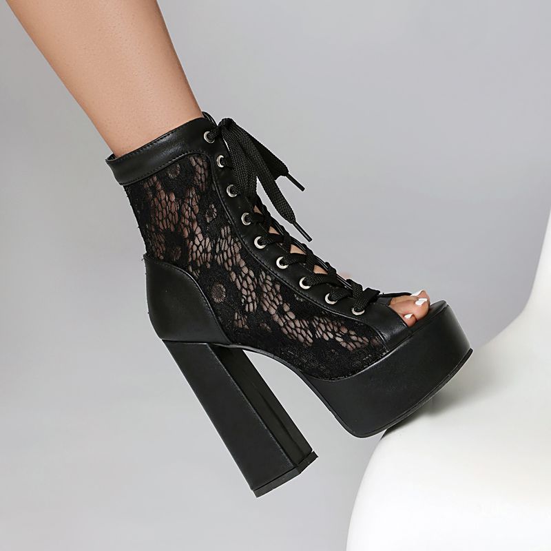 New Design Women Sandals Peep Toe Block Heels 14cm Platform Hill Lace Up Breathable Mesh Dating Shoes Big Size 41 42