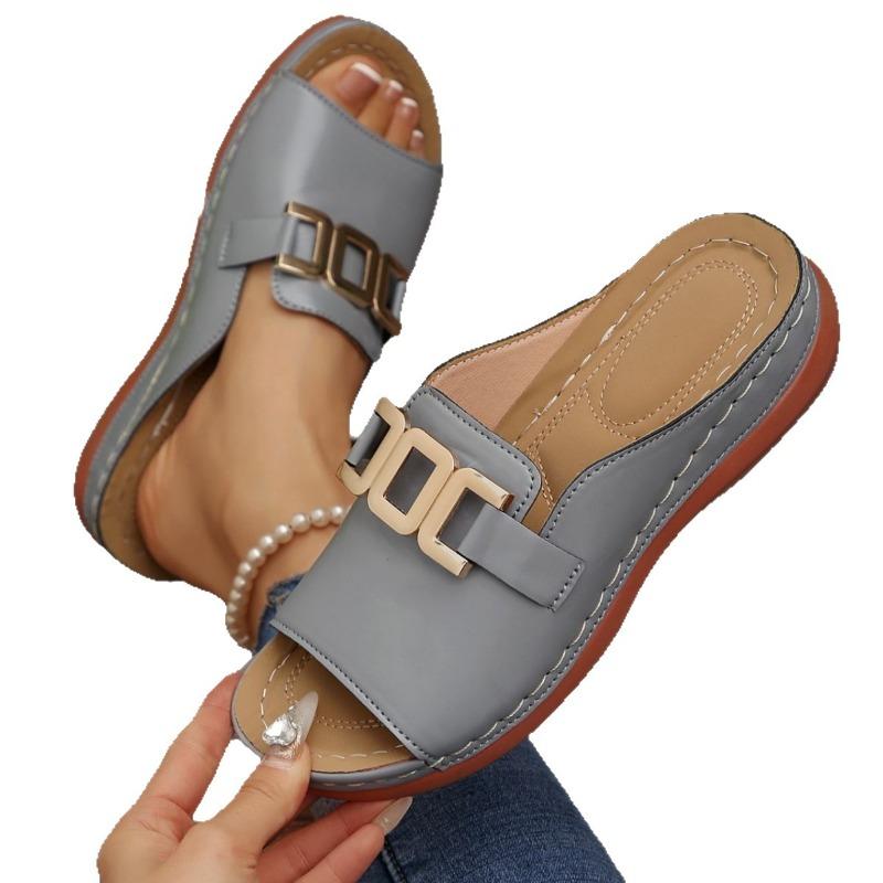 Women's Plus Size Platform Slide Sandals, Metallic Buckle Chunky Heel Summer Shoes