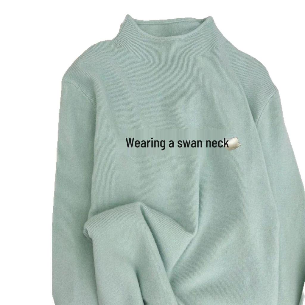 Fresh & Unique Green Bean Knit Sweater: Skin-Brightening, Semi-High Neck, Long-Sleeved, Slim-Fit for Autumn/Winter