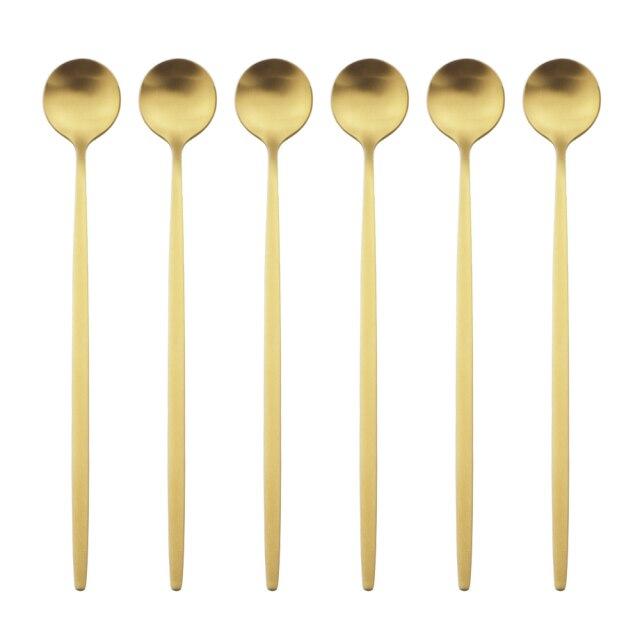 6Pcs/Set Black Long Handle Cutlery Matte Stainless Steel Spoons Polished Stirring Drink Ice Cream Dessert Tea Spoons Dinnerware