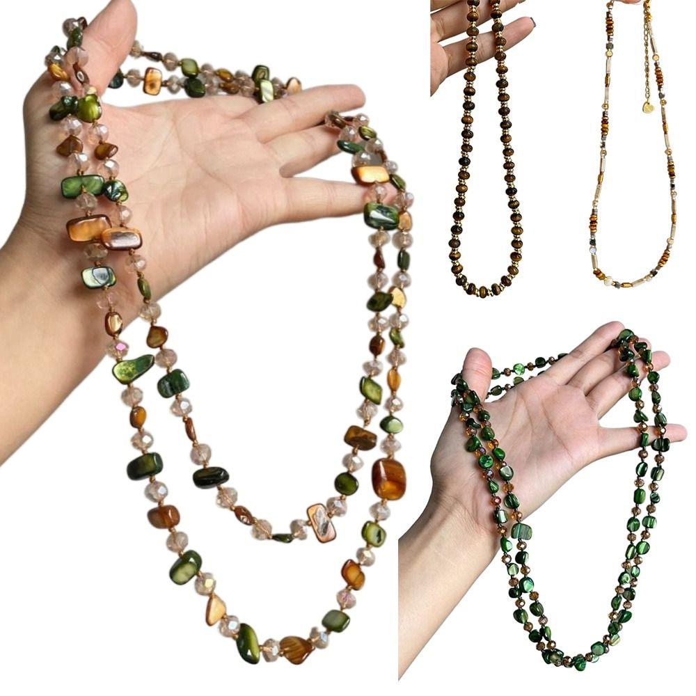 Round Tiger Eye Stone Necklace Retro Artificial Glass Pearl Beaded Necklaces Stackable Neck Maillard Jewelry Accessories