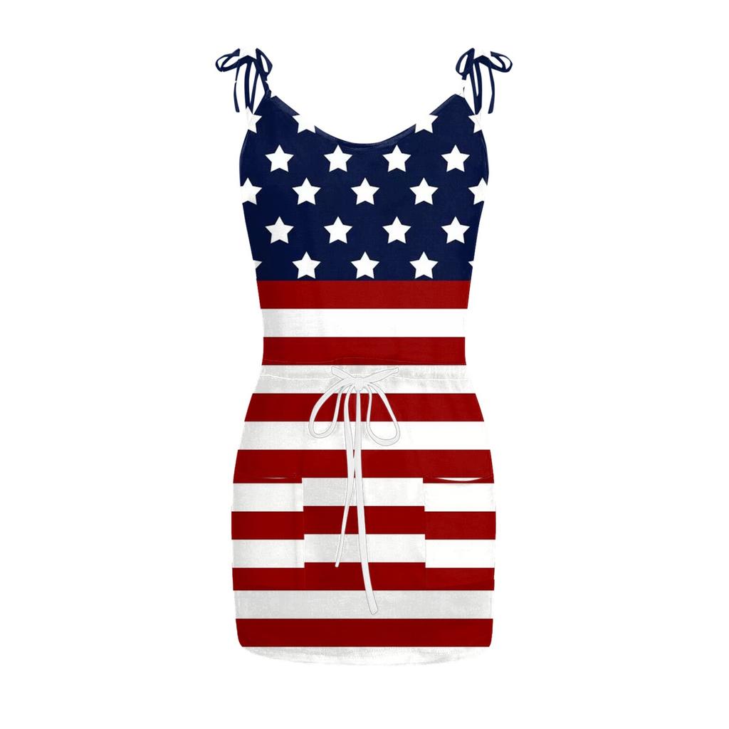 Women's Summer Sexy V-neck  Sleeveless Independence Day Printed Strapless Dress Beach Sun  Dress