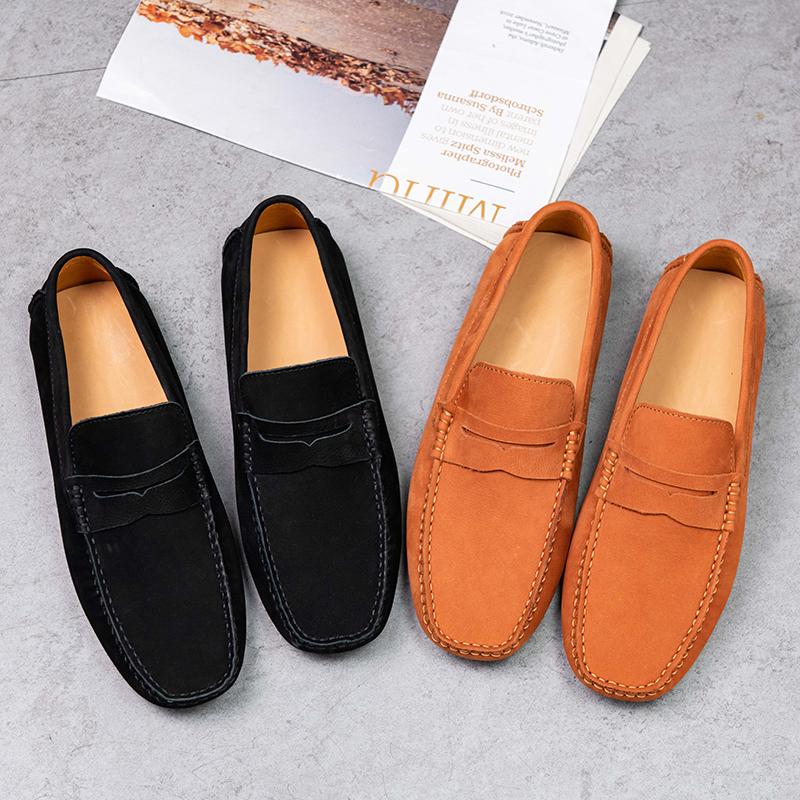 Leisure Mens Suede Leather Flats Slip on Outdoor Casual Shoes Low Top Lazy Shoes Non Slip Loafers Lightweight Moccasins for Male