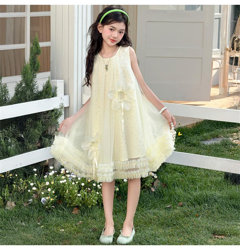 Girls' Summer Sweet Flower Dress Yarn Skirt 2026 New Mid To Large Girls' Princess Skirt Medium To Long Tank Top Skirt