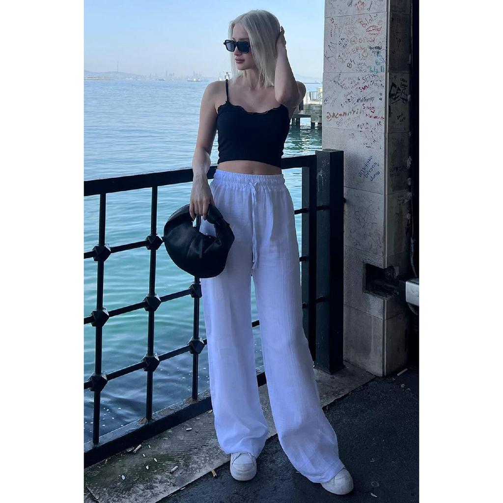 Grüne Weitbeinige Musselin Damen Hose Mg1980