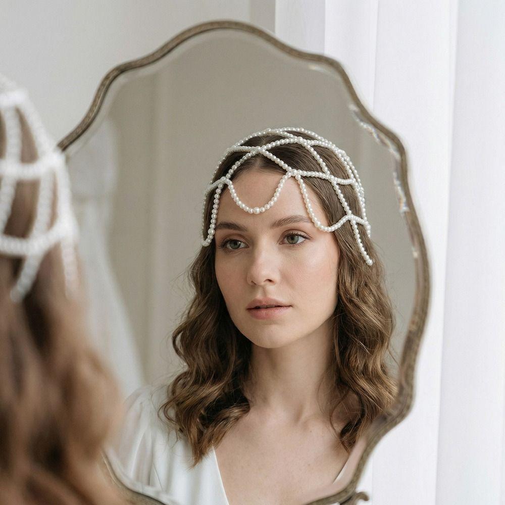 Hand-Made Pearl Hat Chain Pearls Weave Pearl Headpiece Stylish Bridal Head Ornament  Bridal Wedding