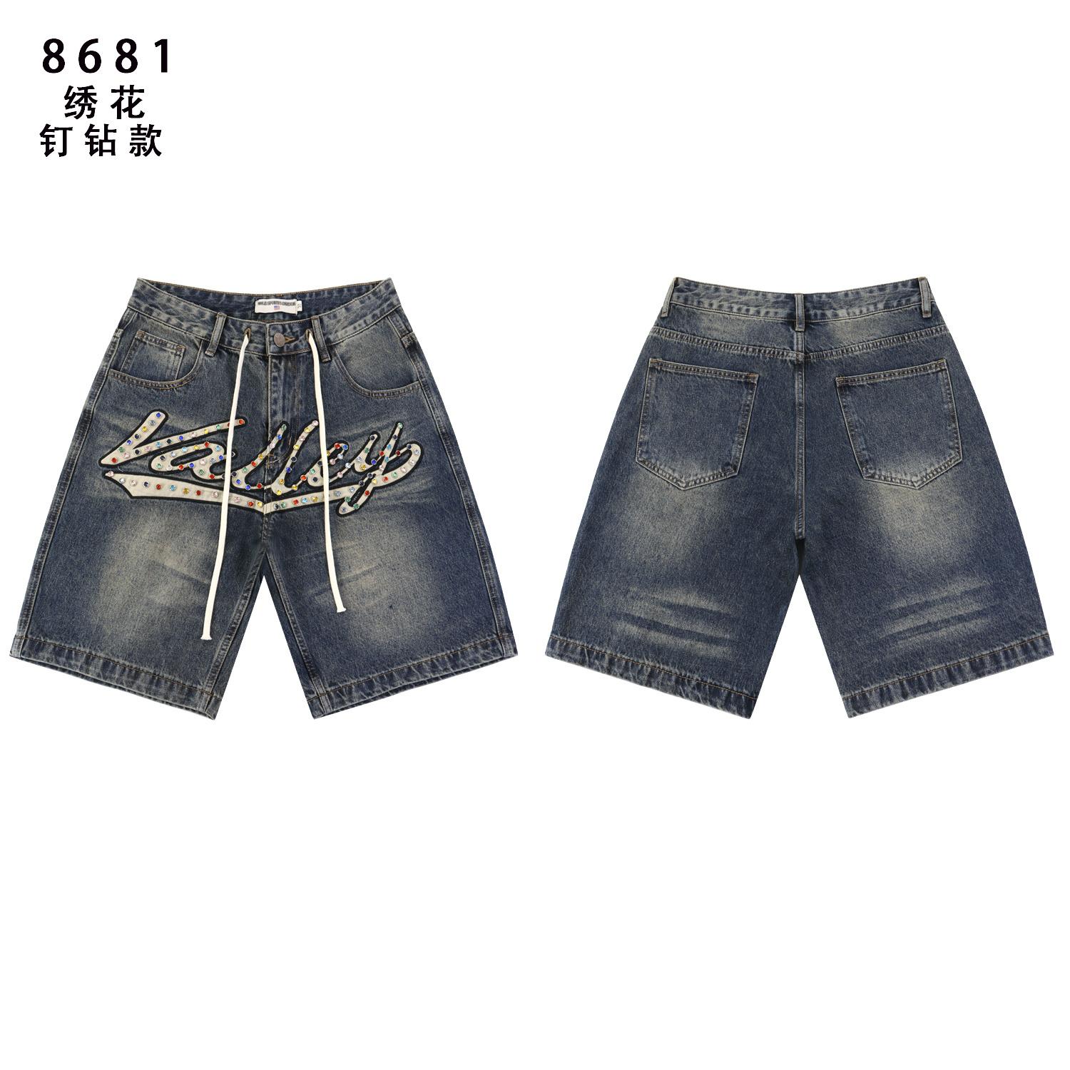 Men s Colorful Rhinestone Embroidery Denim Shorts, Vintage Hip Hop Street Loose Drawstring Knee Length Shorts 28