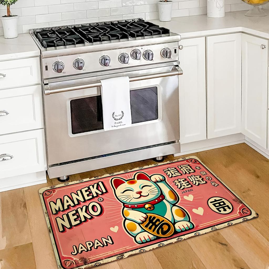 Lucky Maneki Neko Flannel Doormat, Japanese Style Non-Slip Mat, Machine Washable Decor for Home Office Entrance