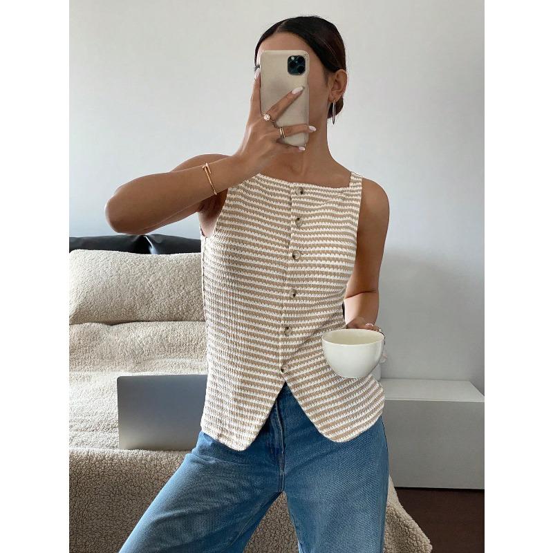 JKASHDK Women's Fashion Casual Summer Spring Stripe Print Sleeveless Square Collar Blouses & Shirts