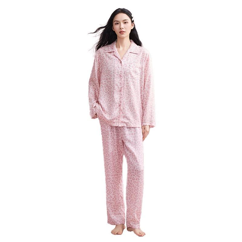 100% Tencel Lyocell Womens Pajama Set Pink Leopard Print Long Sleeve Lounge Wear Fall Home Sleep