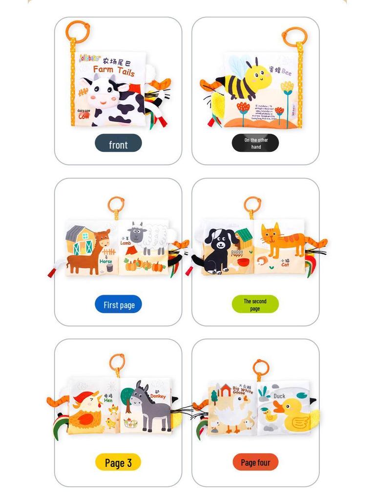 Jollybaby 3D Animal Tail Cloth Book for Infants: Tear-Resistant Early Education Toy 0-1 Year