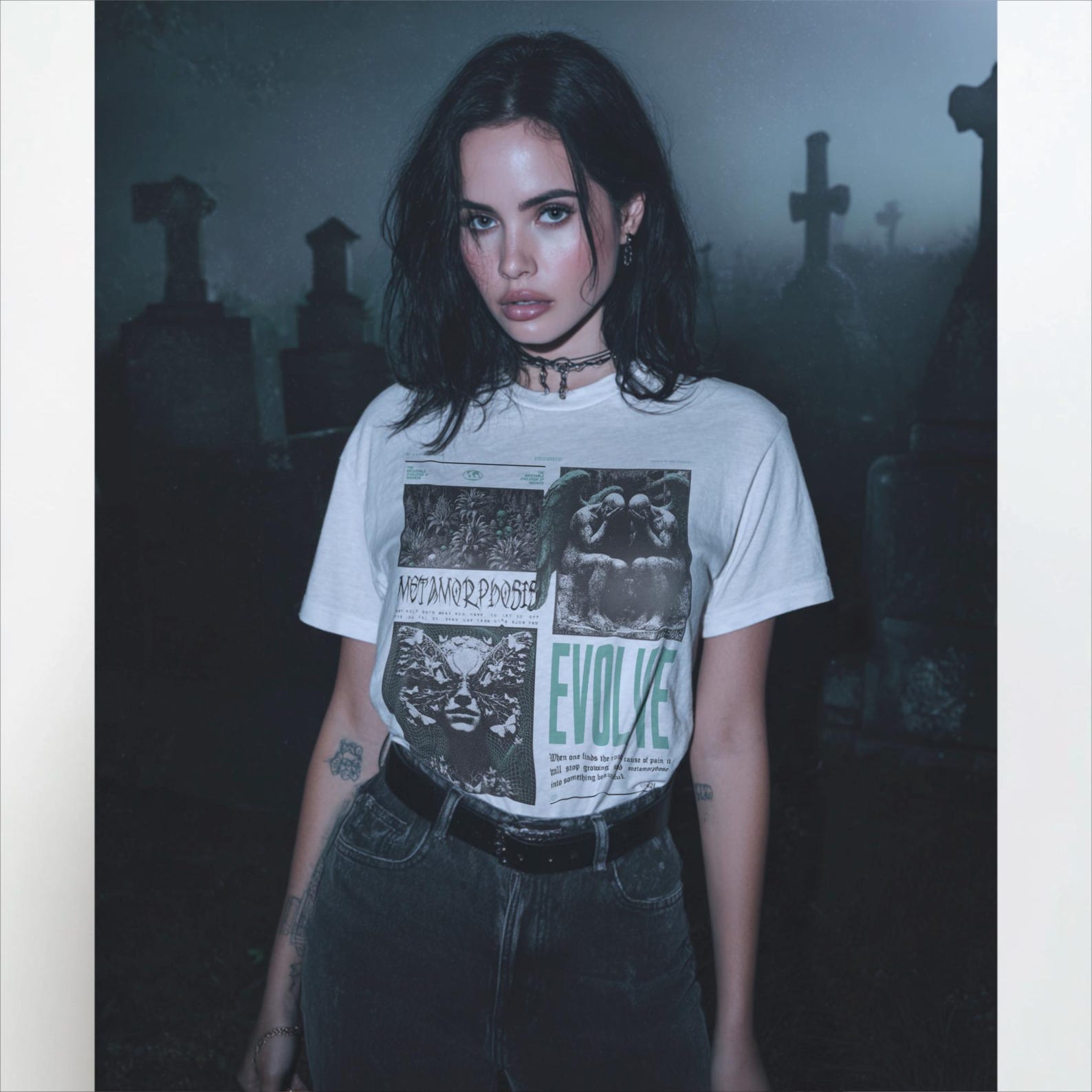 Metamorphosis Alternative Gothic Tee, Brutalism Angels Gothic Plants Butterflies, teal bold Heavy Metal Rock Festival Poster, street style 3XL