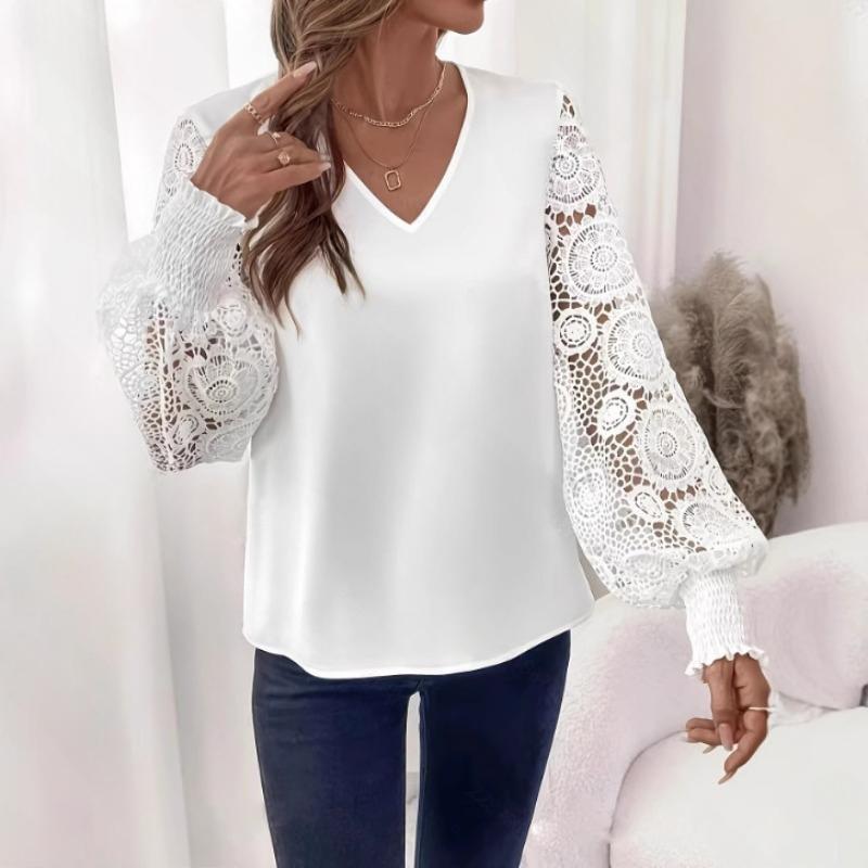 Vintage V-neck Loose Lace Patchwork White Shirts Women Elegant Casual Hollow Out Long Sleeve Blouses Women Tops Fashion Slim Fit Lady Tops 26209
