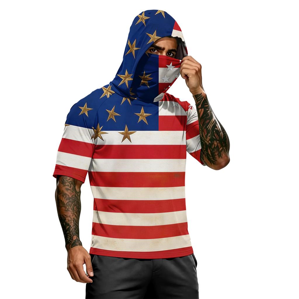Men's Summer Independence Day Color Block Quick Dry Short Sleeve Tee, UPF 0+ UV Block Fishing & Sports Sun Hoodie