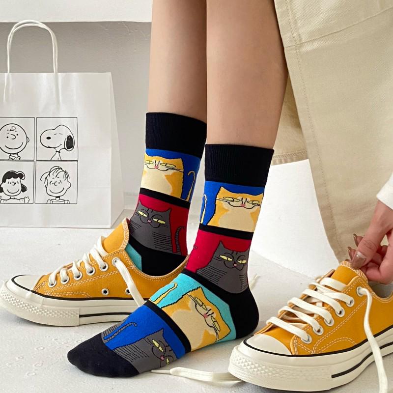 Modische Damen-Kniestrümpfe mit Cartoon-Katzen - Frühling/Herbst Europäischer Stil Niedliche Streetwear