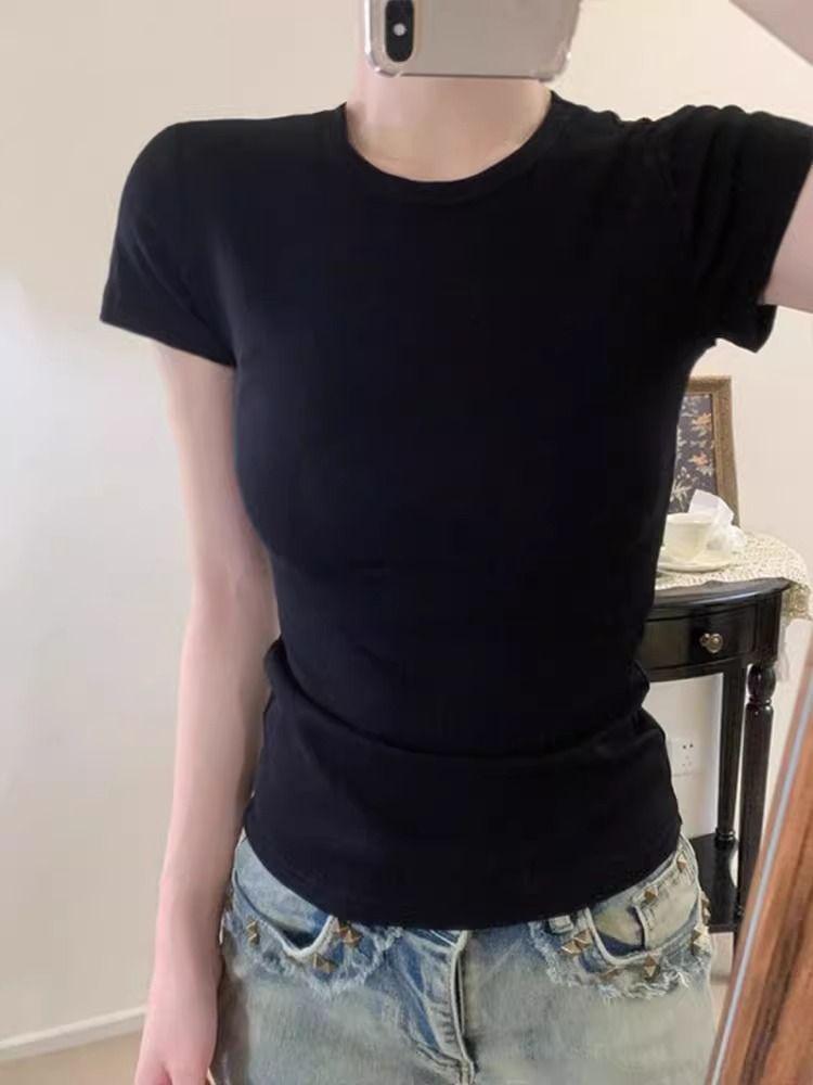 White Fitted Women's Summer T-Shirt - Straight-Shoulder, Round-Neck, Short-Sleeve, Slim Fit