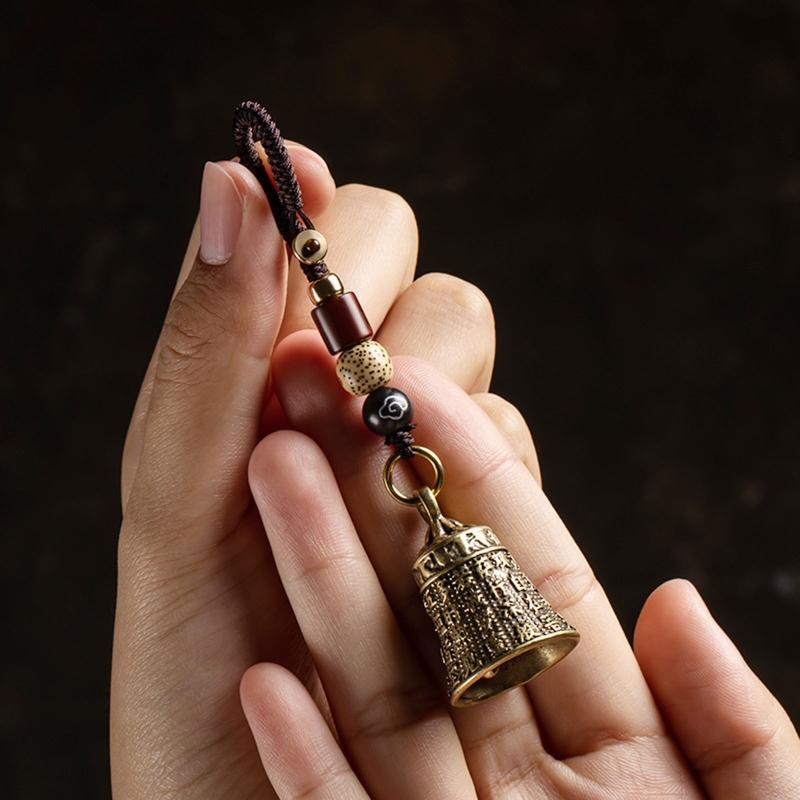 Pure Brass Bell Car Key Chain Pendant Engraved Buddhist Scripture Sutra Handmade Woven Rope Lanyard Hanging for Keychain