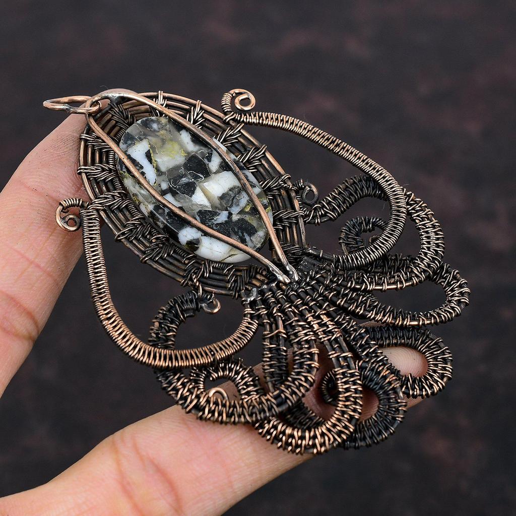 Copper Black & White Turquoise Pendant Copper Wire Wrapped Pendant Gemstone Copper Jewelry Handmade Octopus Pendant Elegant Pendant For Gift