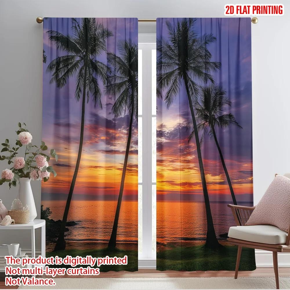 2pcs 2D flat printing Party Curtains Palm Trees Sunset Beach Polyester Fabric Without Electricity Seasonal Party & Holiday Decor