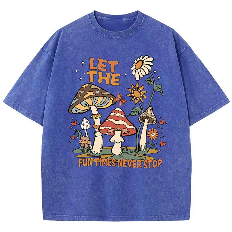 Fun Times Never Stop Mushroom Sunflower Print Washed Womens T-Shirt Loose T Shirts Summer Cotton Streetwear Clothes